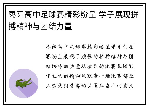 枣阳高中足球赛精彩纷呈 学子展现拼搏精神与团结力量