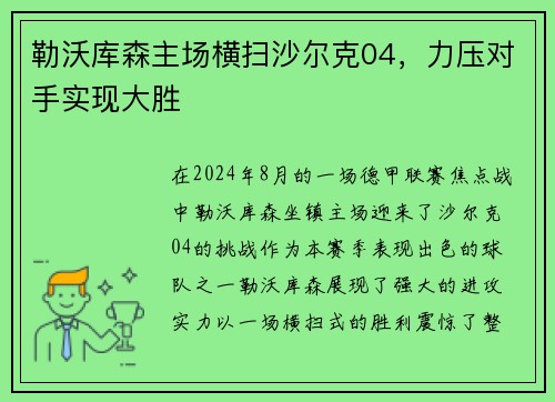 勒沃库森主场横扫沙尔克04，力压对手实现大胜