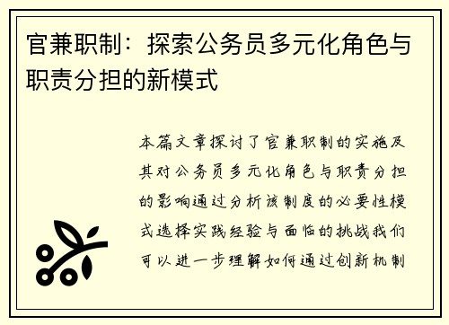 官兼职制：探索公务员多元化角色与职责分担的新模式