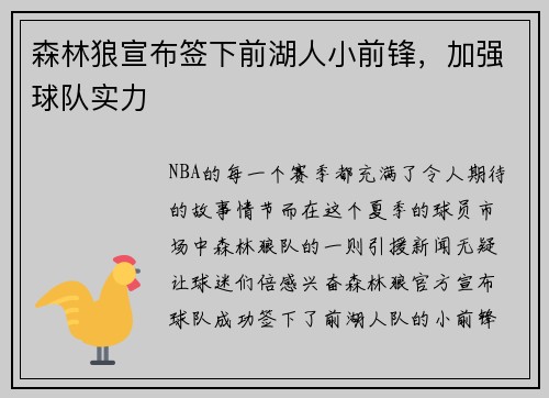 森林狼宣布签下前湖人小前锋，加强球队实力