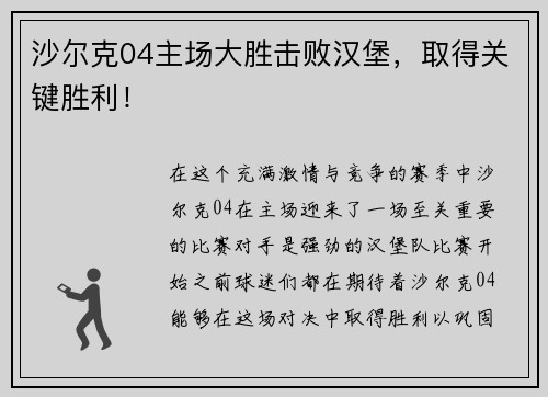 沙尔克04主场大胜击败汉堡，取得关键胜利！