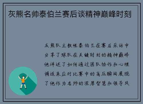 灰熊名帅泰伯兰赛后谈精神巅峰时刻