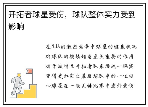 开拓者球星受伤，球队整体实力受到影响