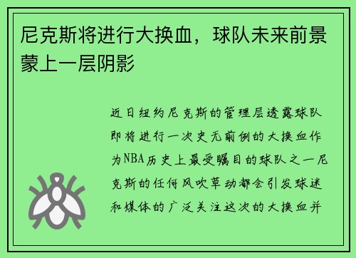 尼克斯将进行大换血，球队未来前景蒙上一层阴影
