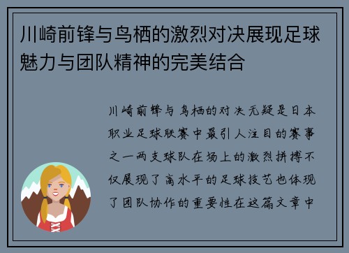 川崎前锋与鸟栖的激烈对决展现足球魅力与团队精神的完美结合