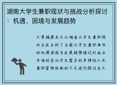 湖南大学生兼职现状与挑战分析探讨：机遇、困境与发展趋势
