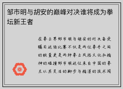 邹市明与胡安的巅峰对决谁将成为拳坛新王者