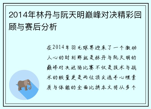 2014年林丹与阮天明巅峰对决精彩回顾与赛后分析