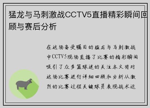 猛龙与马刺激战CCTV5直播精彩瞬间回顾与赛后分析
