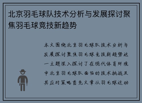 北京羽毛球队技术分析与发展探讨聚焦羽毛球竞技新趋势