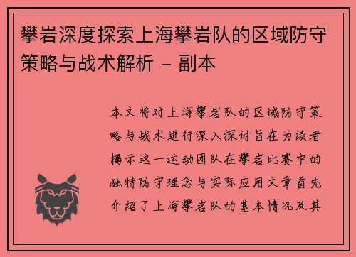 攀岩深度探索上海攀岩队的区域防守策略与战术解析 - 副本