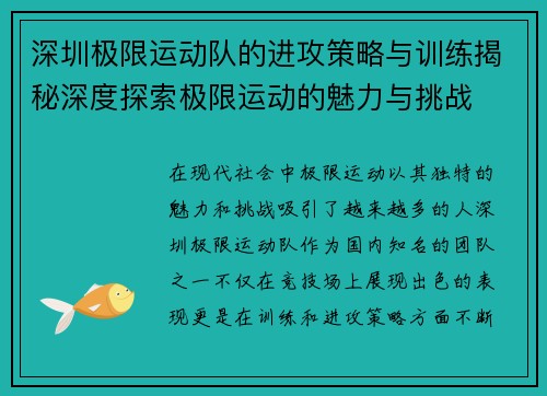 深圳极限运动队的进攻策略与训练揭秘深度探索极限运动的魅力与挑战