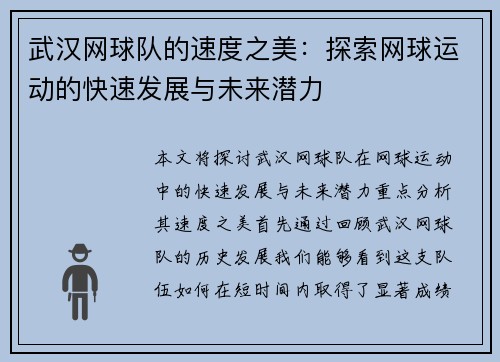 武汉网球队的速度之美：探索网球运动的快速发展与未来潜力